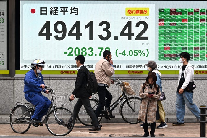 An electronic quotation board displays numbers of the Nikkei Stock Average on the Tokyo stock Exchange with people in front.