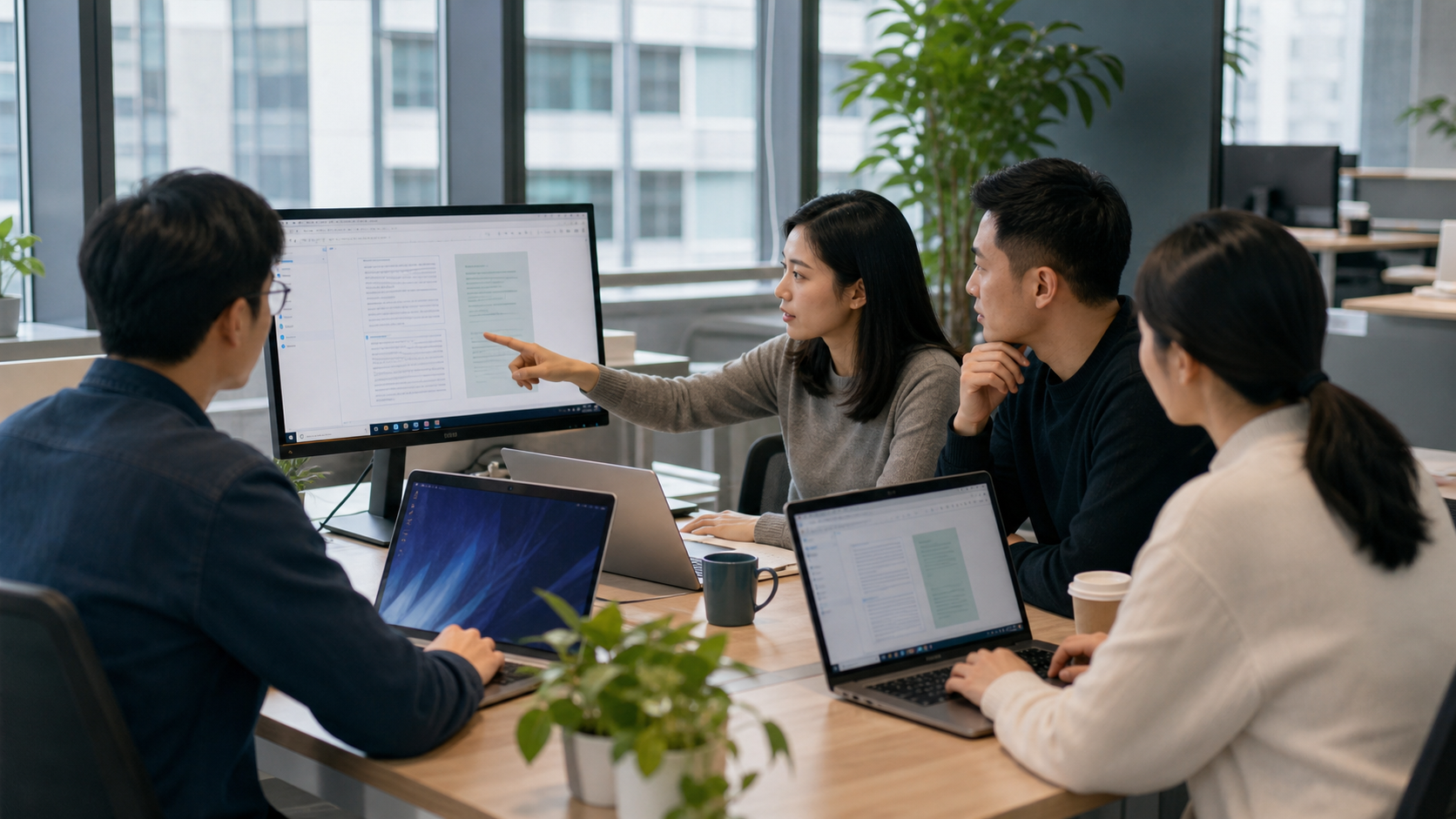 办公团队使用AI协作编辑文档的实景感示意图